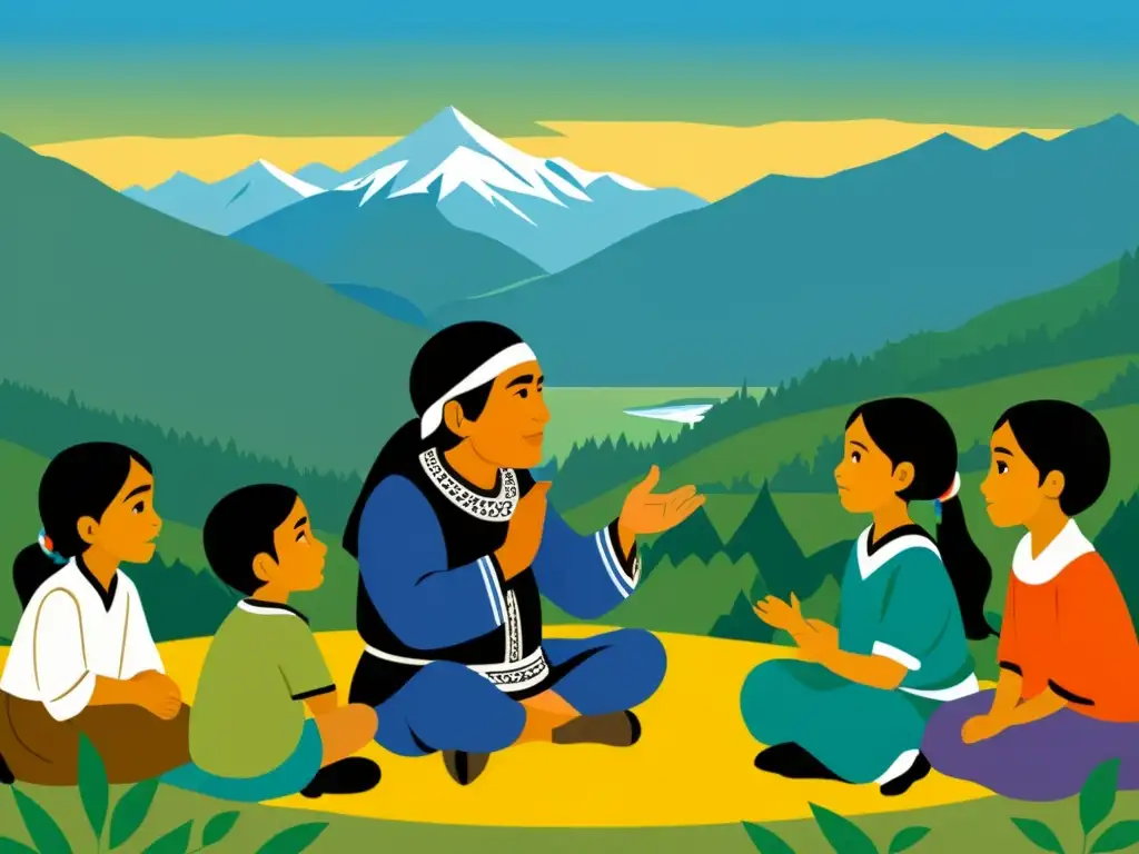 Un sabio mapuche enseña oclusivas glotales en lenguas mapuches a niños con tradiciones ancestrales en un bosque exuberante