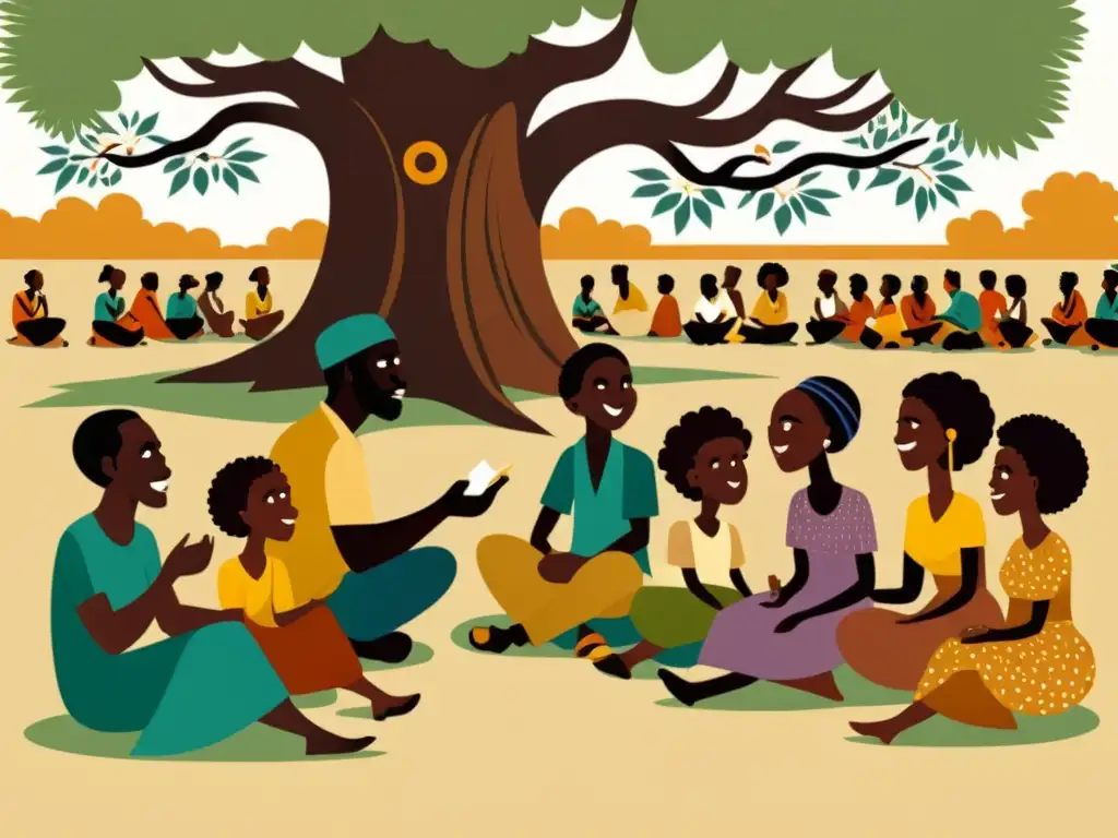 Un sabio narrador africano cautiva a su diverso público con cuentos tradicionales bajo un árbol