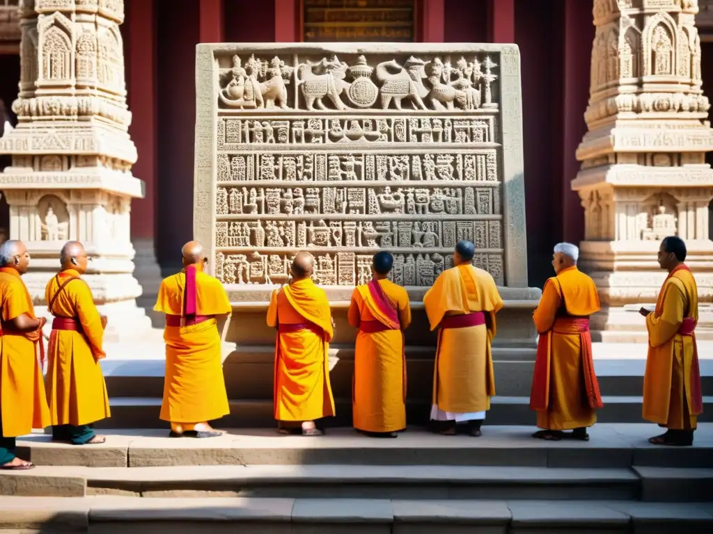 Sacerdotes hindúes entonando mantras sánscritos en un ritual sagrado frente a un majestuoso templo, con una atmósfera mística y vintage