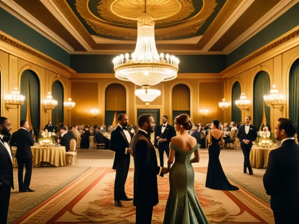 Salón de baile vintage con elegantes invitados y marcadores de cortesía en lenguaje, exudando sofisticación y tradición