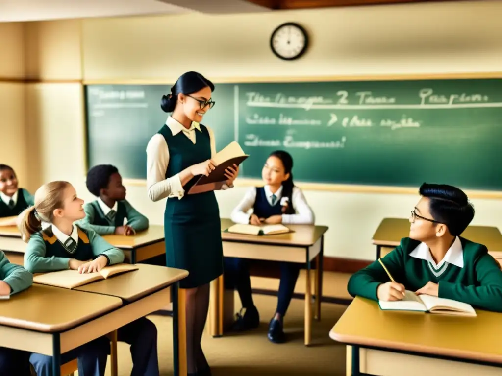 Salón de clase vintage con estudiantes participando en tareas de lenguaje, fomentando la enseñanza basada en tareas para lenguaje