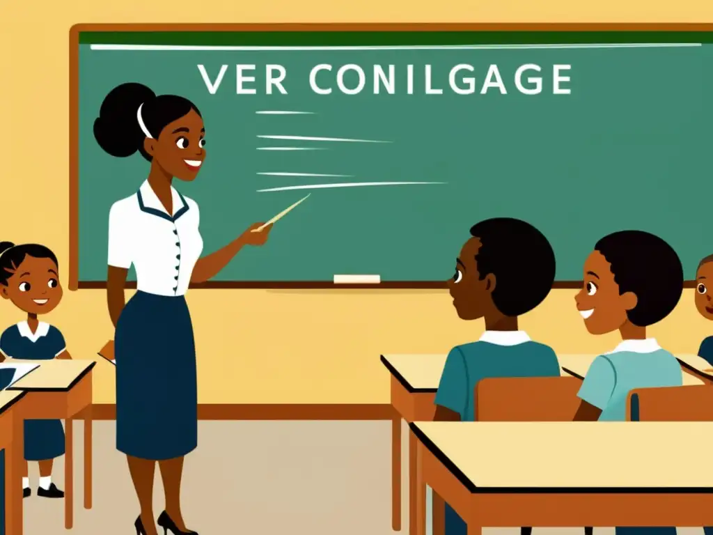 Un salón de clase vintage donde se imparten formas verbales en lenguas bantúes, con un instructor y estudiantes participativos