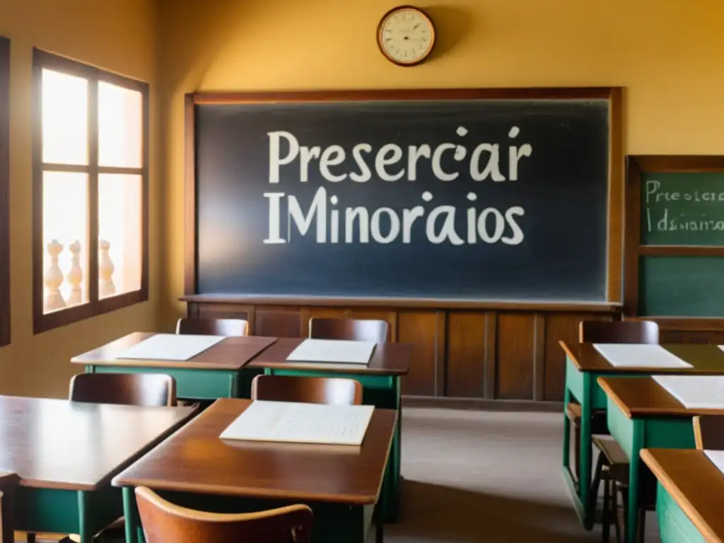 Salón de clase vintage con luz natural, instructor habla sobre preservar idiomas minoritarios cursos, alumnos atentos con plumas estilográficas