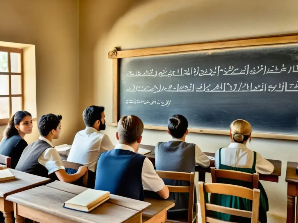 Un salón de clases griego vintage con estudiantes atentos y un profesor escribiendo en la pizarra