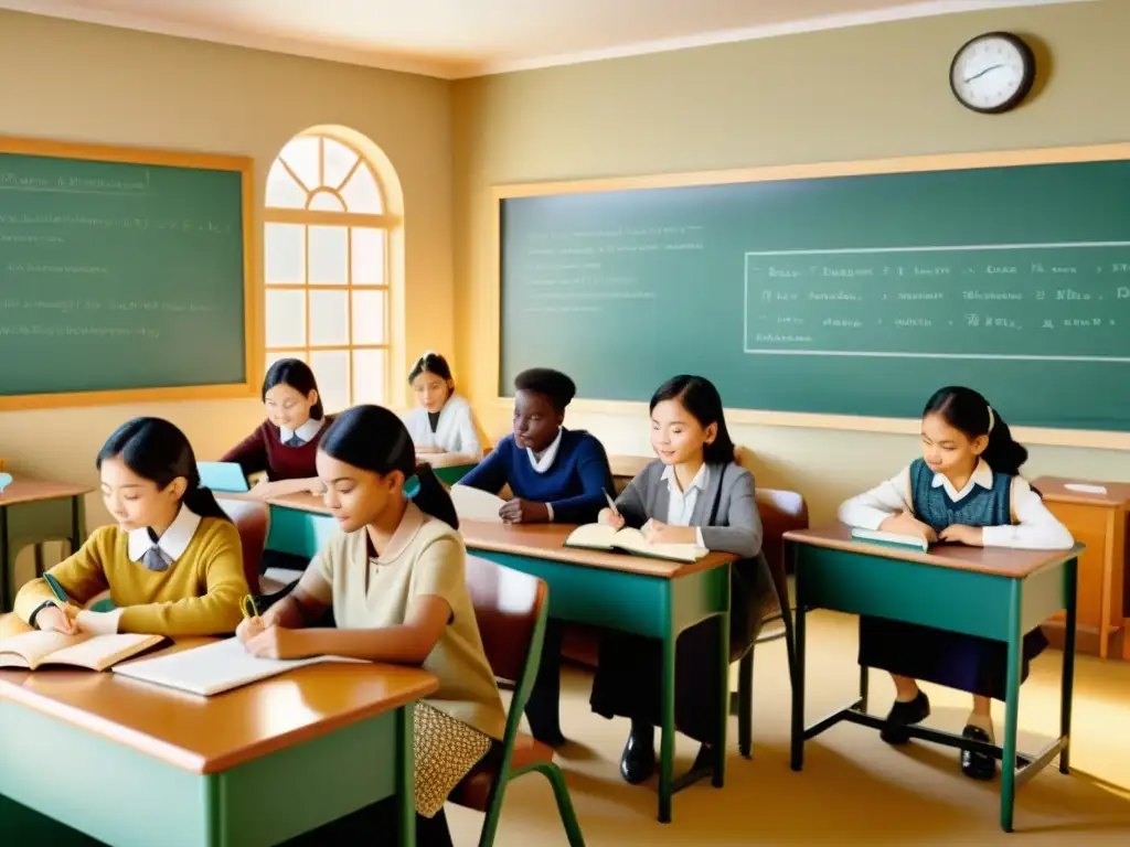 Salón de clases multicultural con estudiantes aprendiendo idiomas