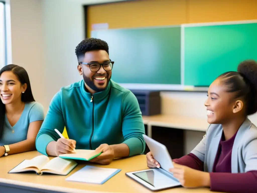 Salón de clases vibrante y diverso para usos didácticos de aula de idiomas poco convencionales, con estudiantes de diferentes culturas y recursos multimedia para el aprendizaje