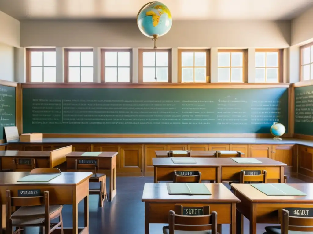 Un salón de clases vintage con antiguos pupitres de madera, pizarrón al frente, ventanales iluminados y libros de idiomas