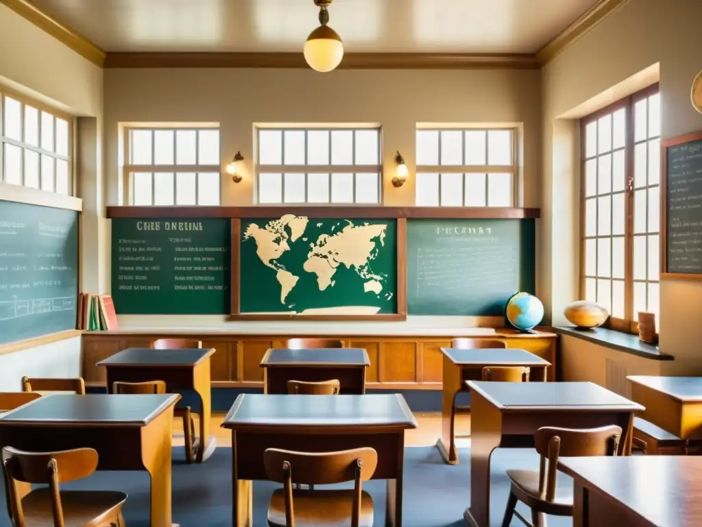 Un salón de clases vintage con antiguos pupitres y sillas de madera, pizarra al frente y grandes ventanas que dejan entrar luz natural