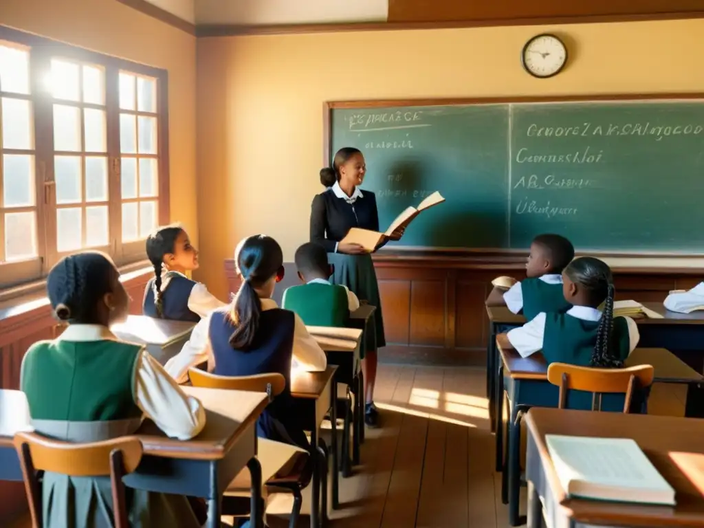 En un salón de clases vintage, estudiantes practican idiomas con libros y conversaciones mientras el sol ilumina