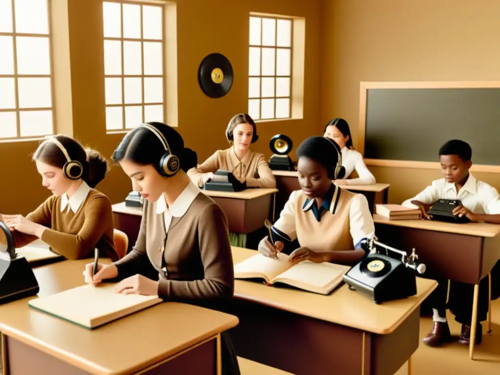 Un salón de clases vintage con estudiantes entusiastas participando en actividades de aprendizaje de lenguas con reconocimiento de voz