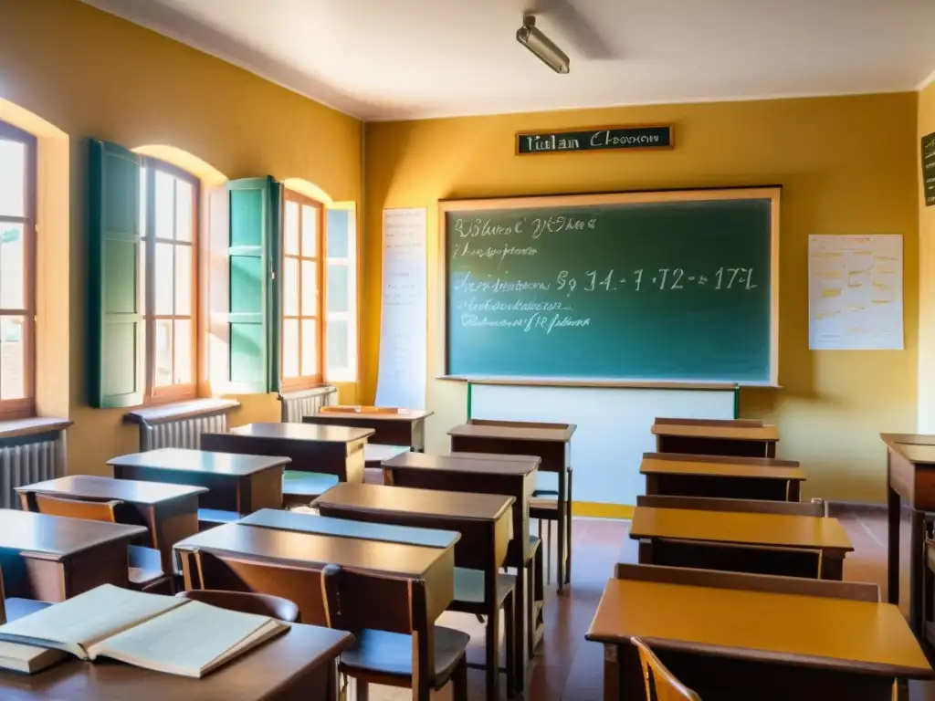 Salón de clases vintage de italiano con escritorios de madera, pizarra llena de frases en italiano, luz cálida a través de las ventanas altas