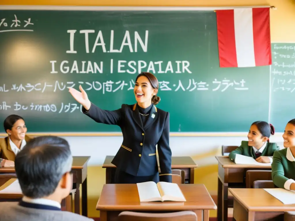 Salón de clases vintage de italiano con maestra y decoración cultural