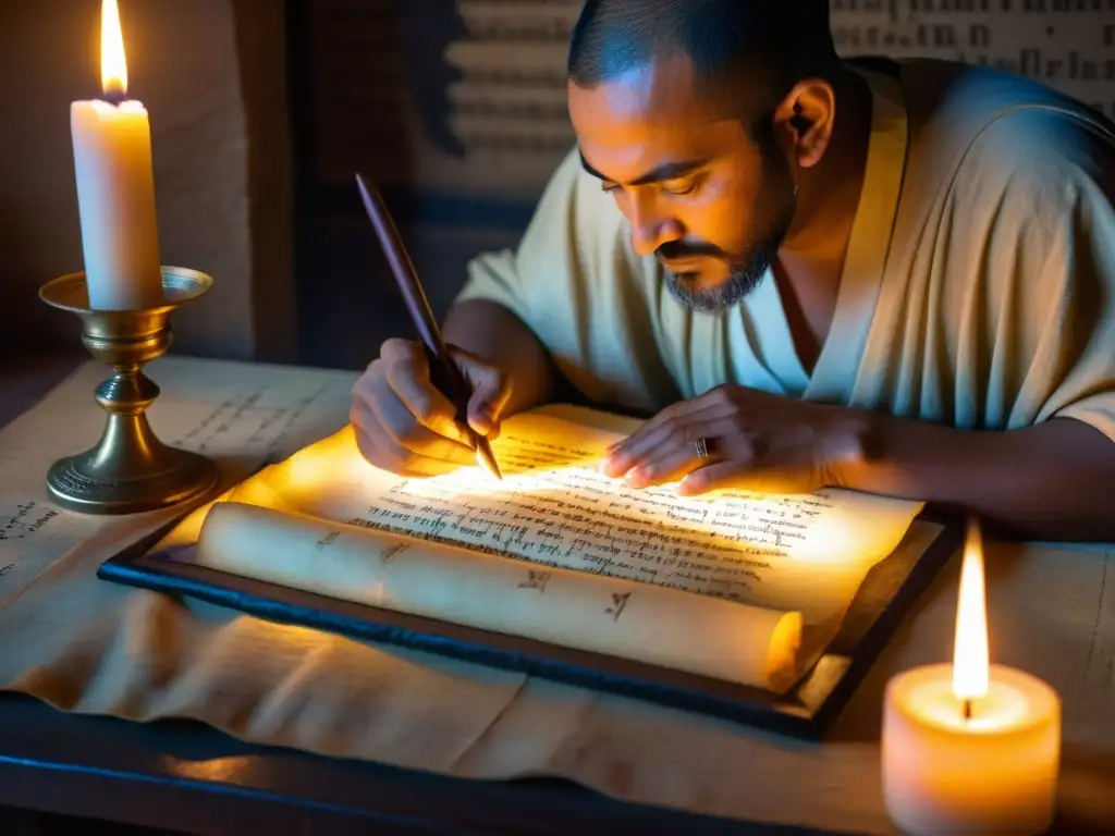 Scribe antiguo trascendiendo conocimiento a través del puente lingüístico del Siriaco en un scriptorium iluminado a la luz de las velas