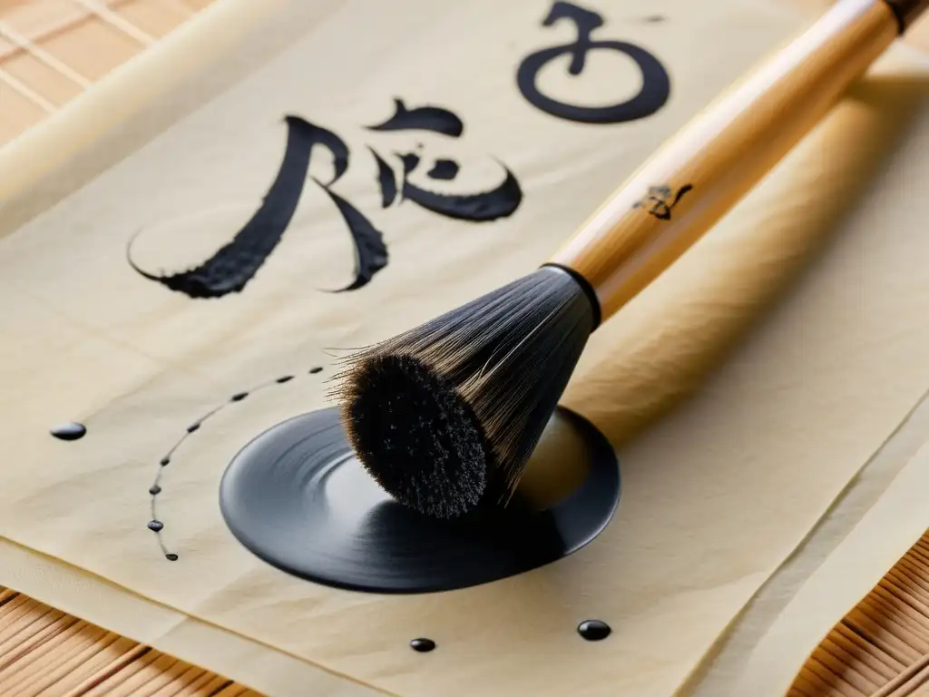 Un set de caligrafía china con pincel y tinta, capturando la elegancia y precisión de la escritura china