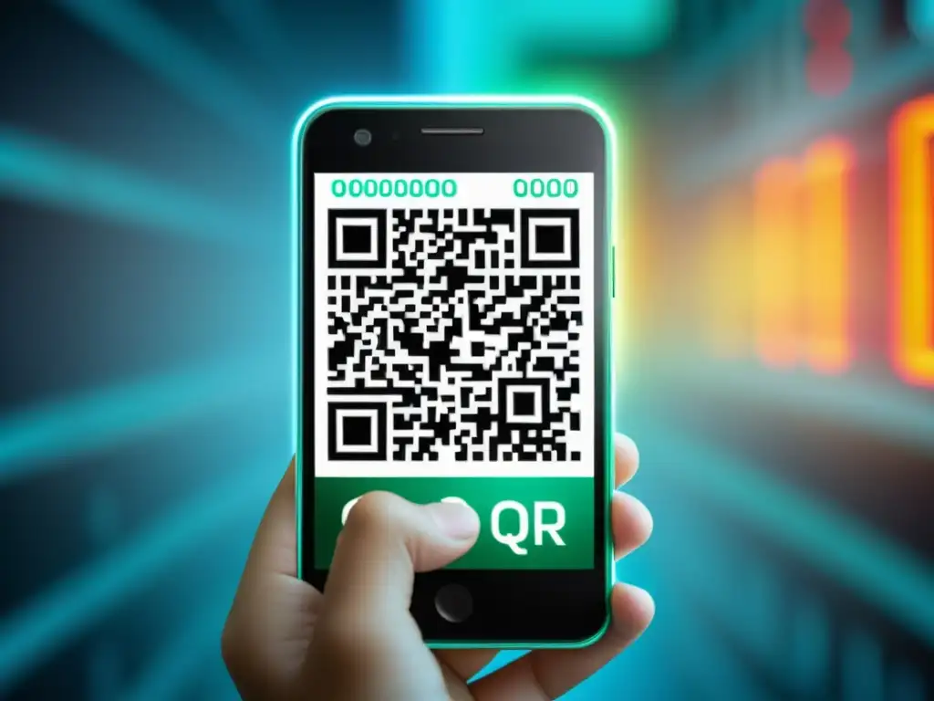 Un smartphone muestra un vibrante y detallado código QR, con una mano sosteniéndolo