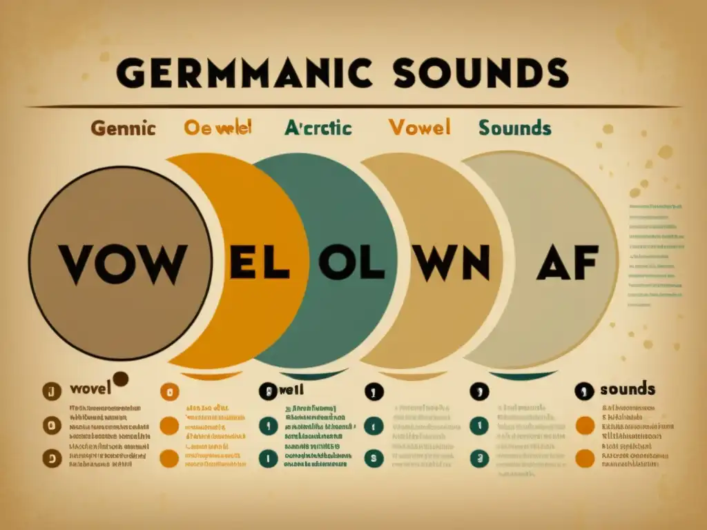 Ilustración vintage de la evolución de los sonidos vocálicos germánicos, con comparativa entre el alto alemán y el alemán moderno