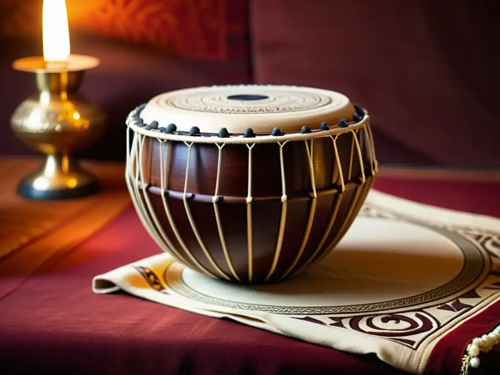 Tabla de madera vintage tallada con patrones tradicionales indios en telas rojas y doradas