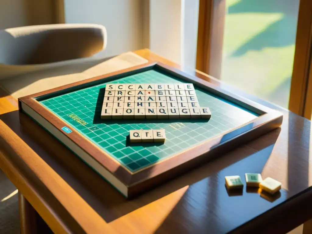 Encanto multilingüe: Scrabble vintage y diccionarios en una tarde soleada Un tablero de Scrabble antiguo, rodeado de diccionarios vintage en varios idiomas, iluminado por la cálida luz de la tarde