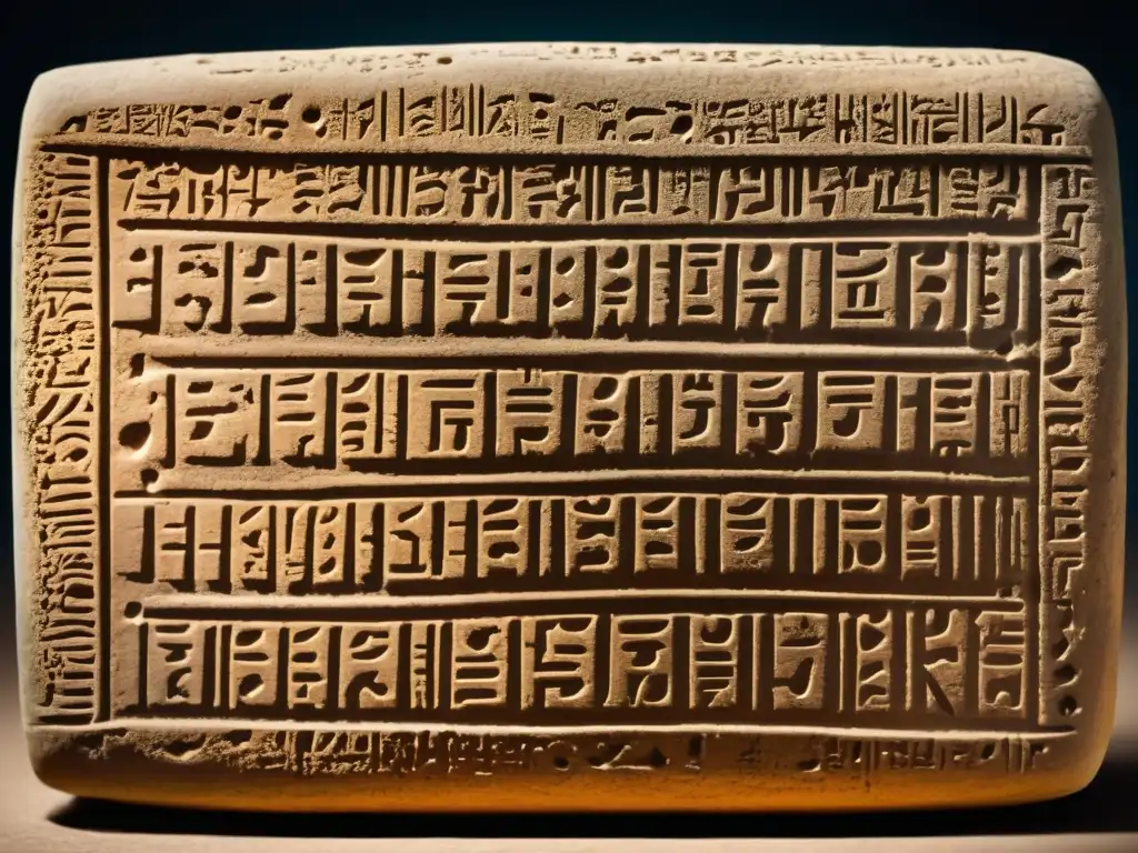 Tableta de arcilla cuneiforme antigua con detalles intrincados Una tableta de arcilla antigua con escritura cuneiforme, evocando la evolución de los soportes de escritura semítica