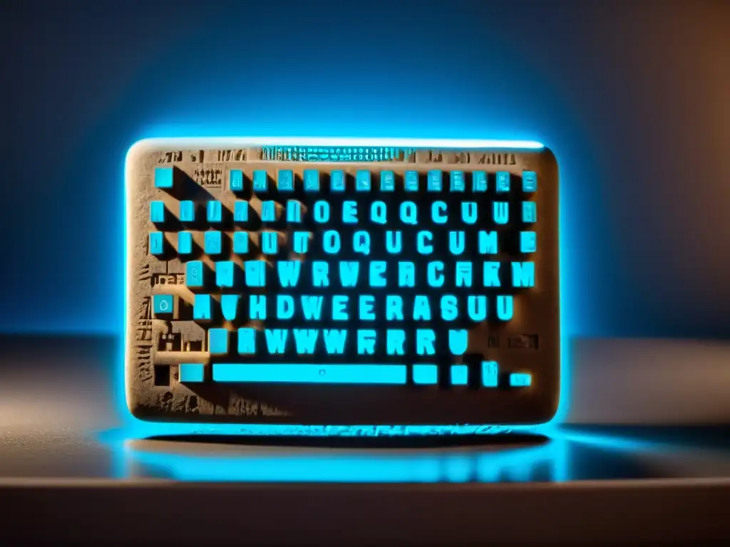 Una tableta cuneiforme antigua y un teclado moderno iluminados con luces cálidas y frías, representa el impacto tecnológico en la ortografía