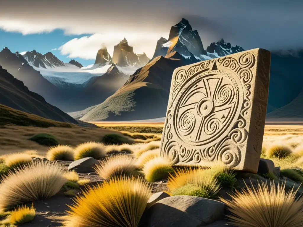 Tableta de piedra antigua con tallados de vientos y lenguas patagónicas antiguas, en paisaje dramático de la Patagonia