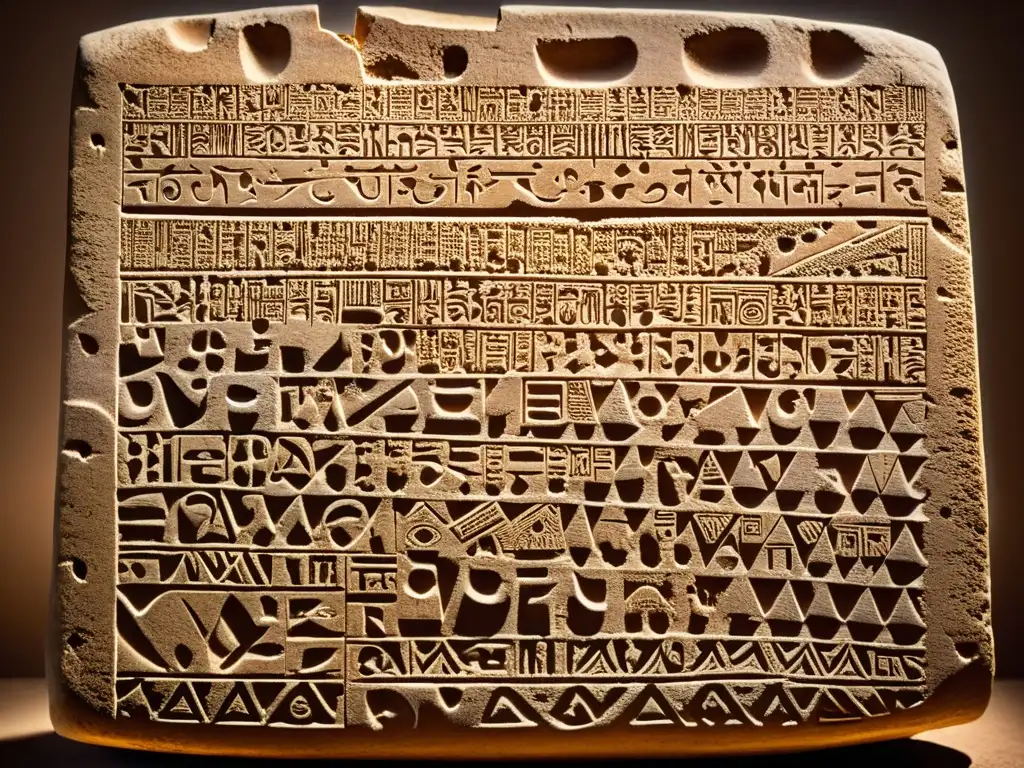 Una tableta semítica antigua iluminada por una cálida luz dorada, con escritura cuneiforme y símbolos intrincados