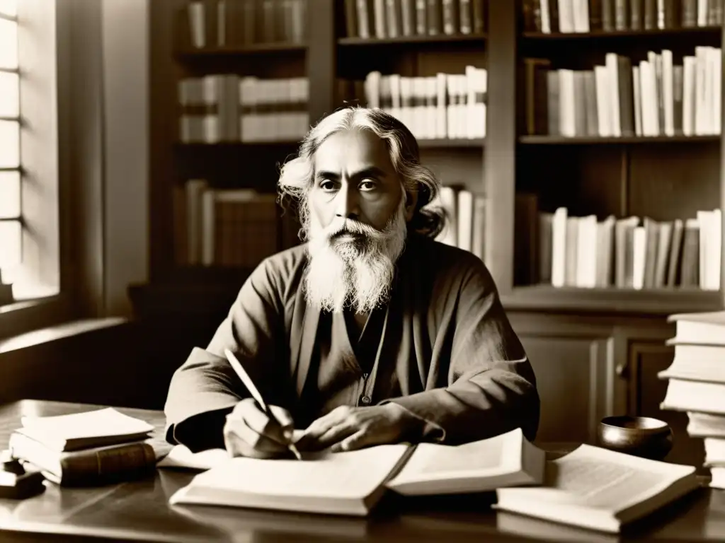 Rabindranath Tagore, escritor bengalí, se concentra en su escritorio entre libros y papeles, inmerso en una atmósfera serena y contemplativa