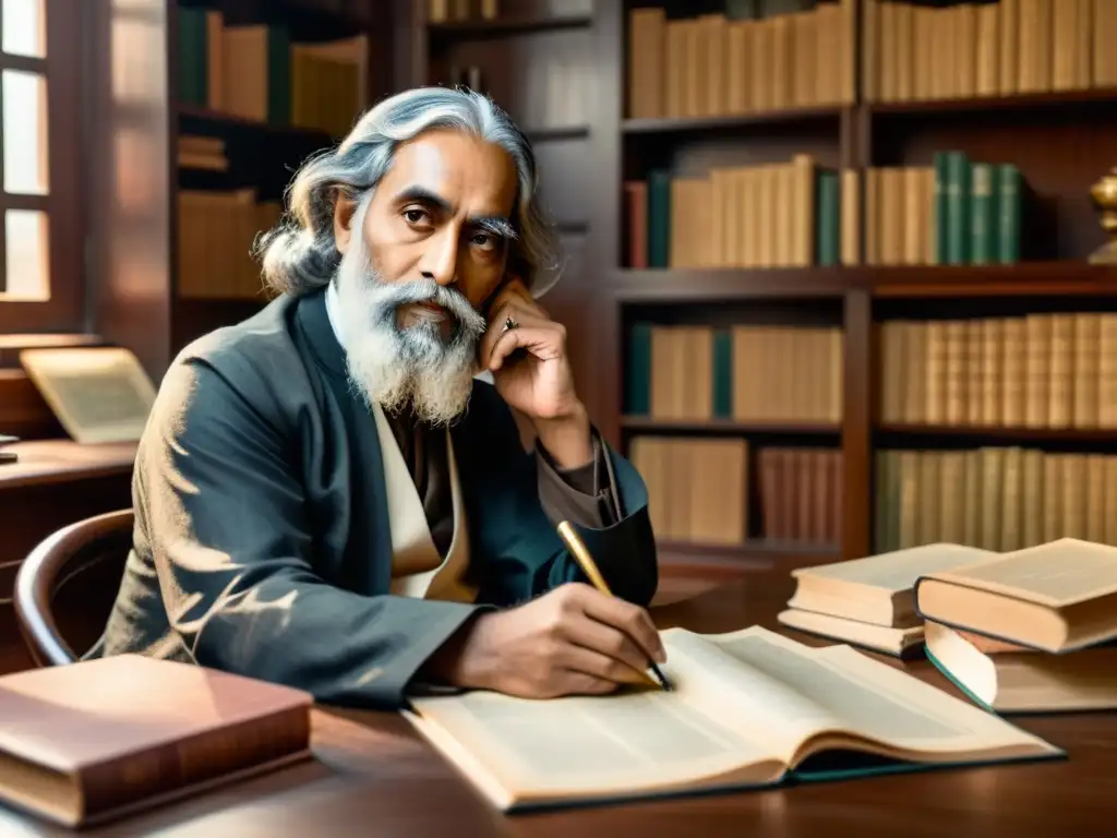 Rabindranath Tagore, ícono de la literatura bengalí, inmerso en su legado literario rodeado de libros y manuscritos, evocando su profunda influencia y características únicas