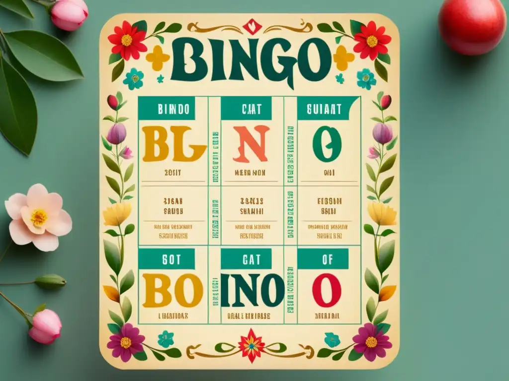 Una tarjeta de bingo vintage con letras ornamentadas y diseños florales, sobre un fondo texturizado envejecido