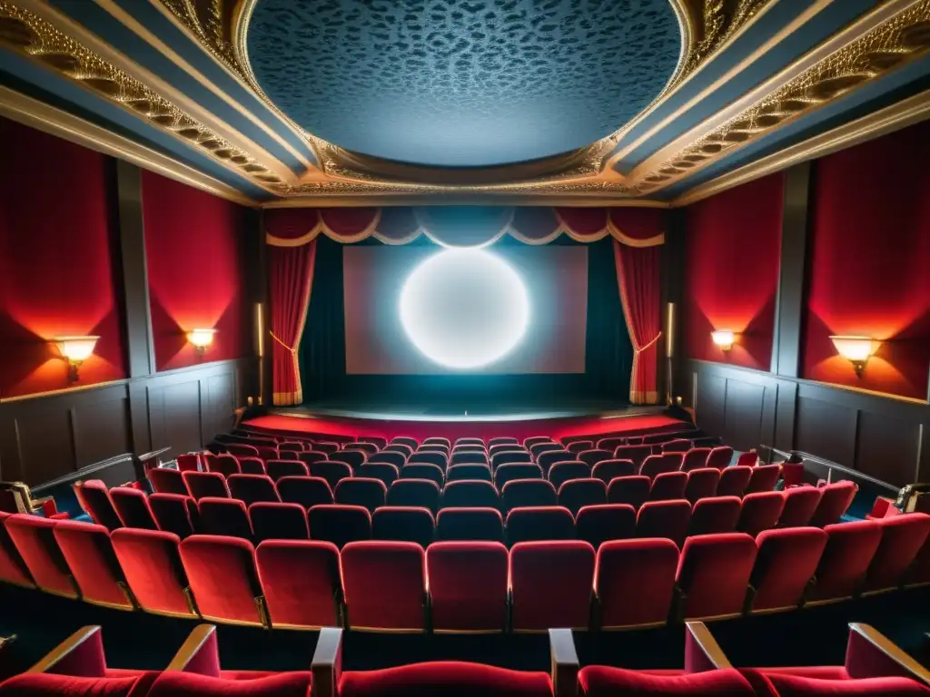 Teatro clásico con cortinas de terciopelo rojo, pantalla grande y filas de asientos vacíos iluminados por el proyector