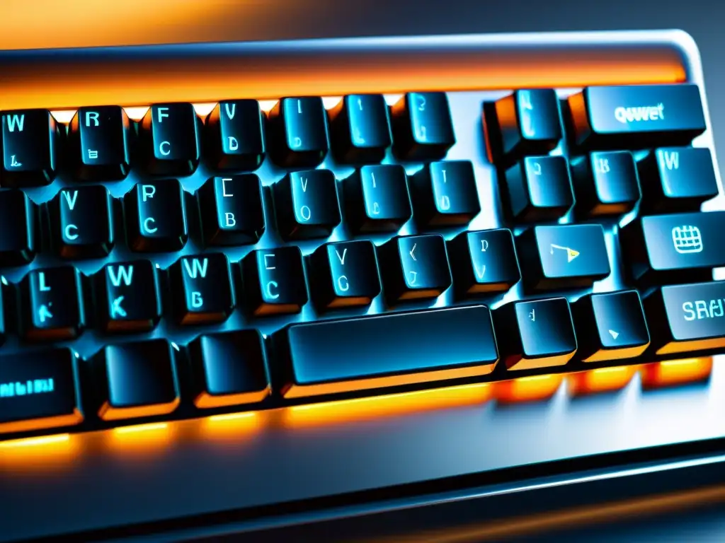 Un teclado QWERTY moderno iluminado, con detalles intrincados y diseño de precisión