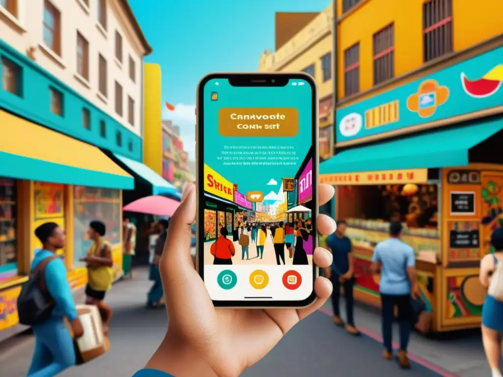 Un teléfono vintage exhibe una app de lenguas con contenido cultural entre vibrante arte callejero multicultural y escenas de mercado bulliciosas