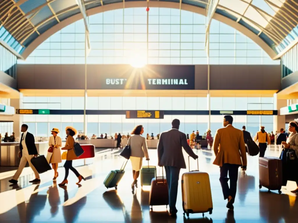 Terminal de aeropuerto vintage con personas de diversas culturas conversando y compartiendo idiomas