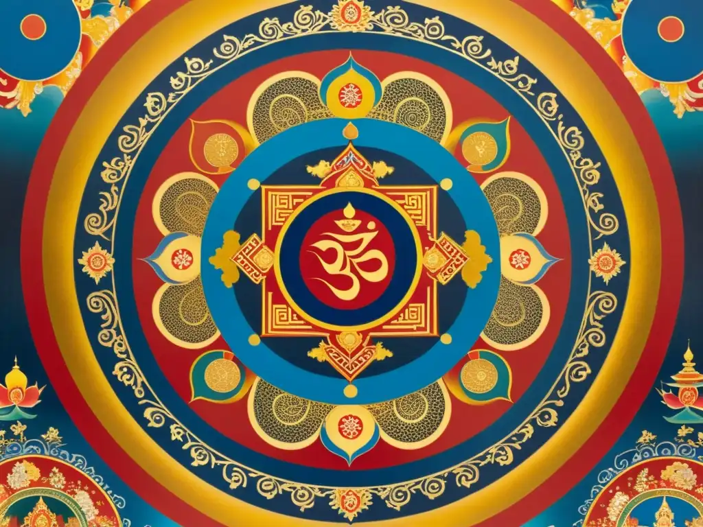 Una thangka tibetana vintage con mantras sánscritos en oro, rojo y azul, rodeando a una deidad central