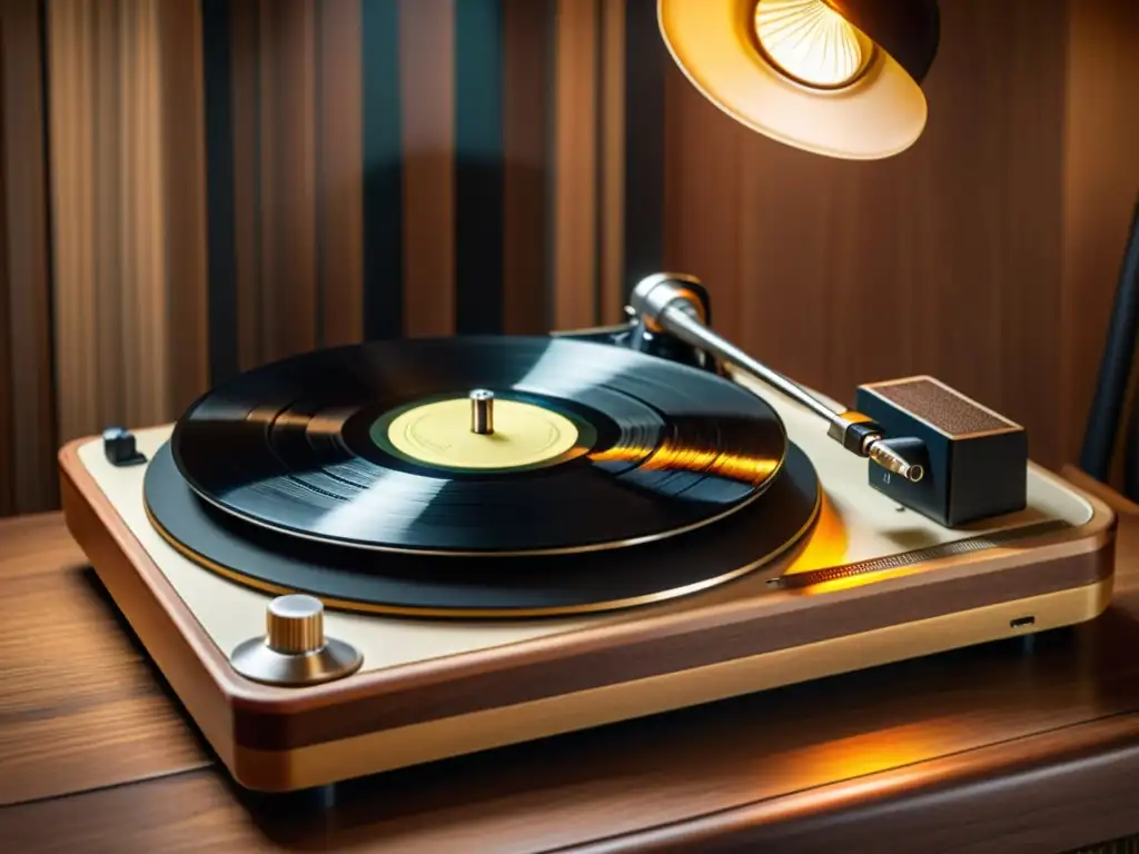 Un tocadiscos vintage con colecciones de audio para pronunciación, micrófono y vinilos girando en una atmósfera nostálgica y cálida