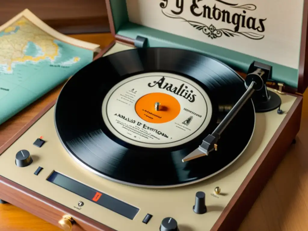 Un tocadiscos vintage con un disco girando mientras se lee 'Análisis de la entonación y acentos en las lenguas nórdicas' en elegante caligrafía