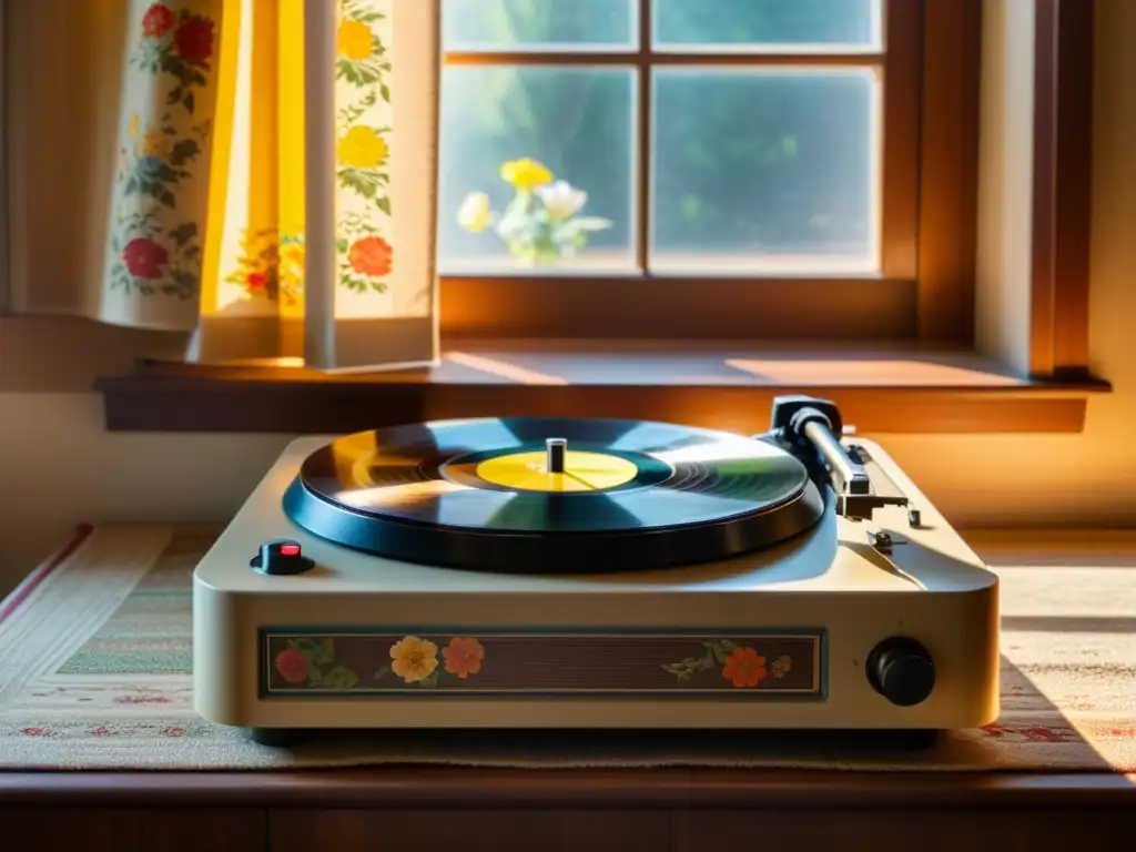Un tocadiscos vintage con discos de vinilo a un lado, iluminado por cálida luz solar