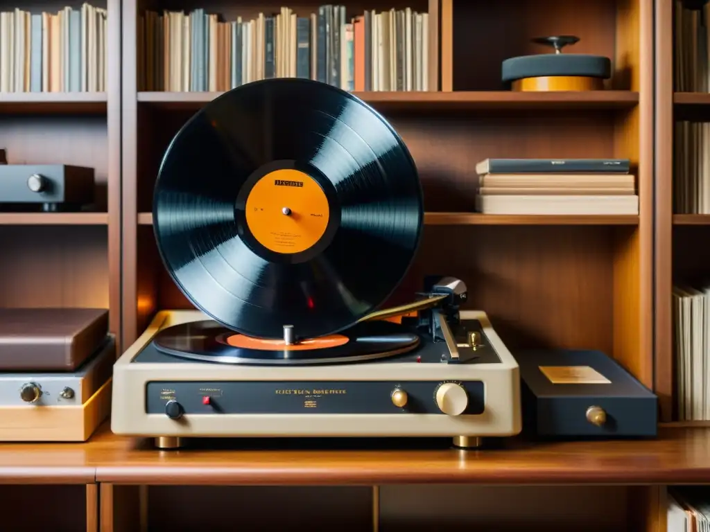 Un tocadiscos vintage girando suavemente, rodeado de vinilos y equipos de audio antiguos en estanterías de madera cálidamente iluminadas