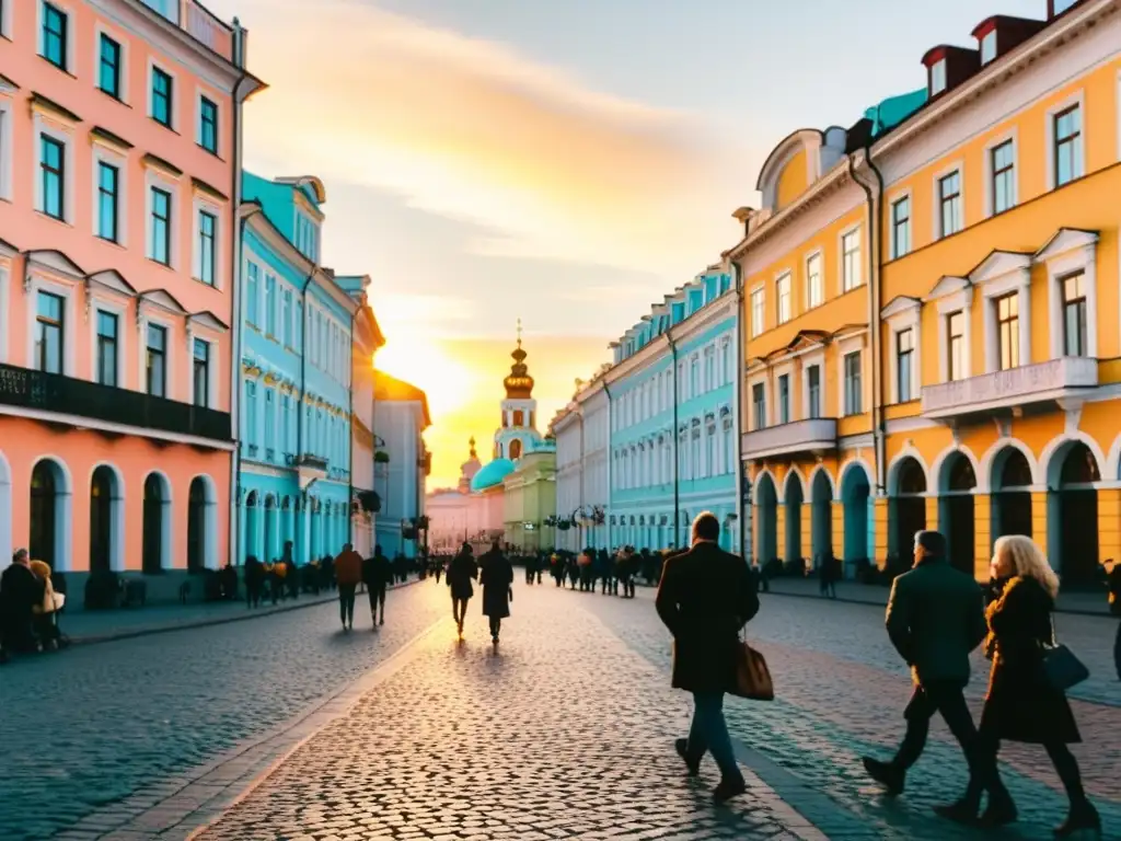 Inmersión total aprendizaje ruso San Petersburgo: Calle empedrada con edificios pastel al atardecer, gente paseando y ambiente cultural