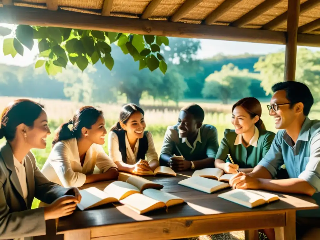 Inmersión total para aprender idiomas: Grupo inmerso en el aprendizaje de idiomas en un ambiente rústico y cálido