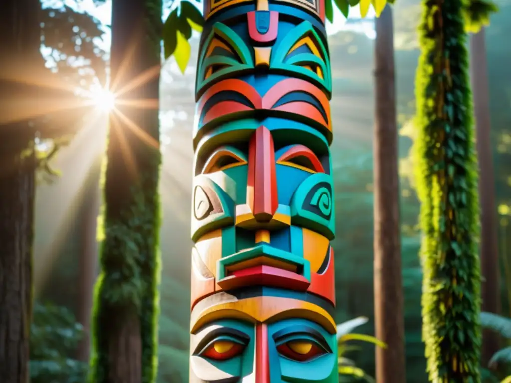 Un totem Mapuche antiguo, tallado con símbolos tradicionales y colores vibrantes, emerge en un bosque exuberante