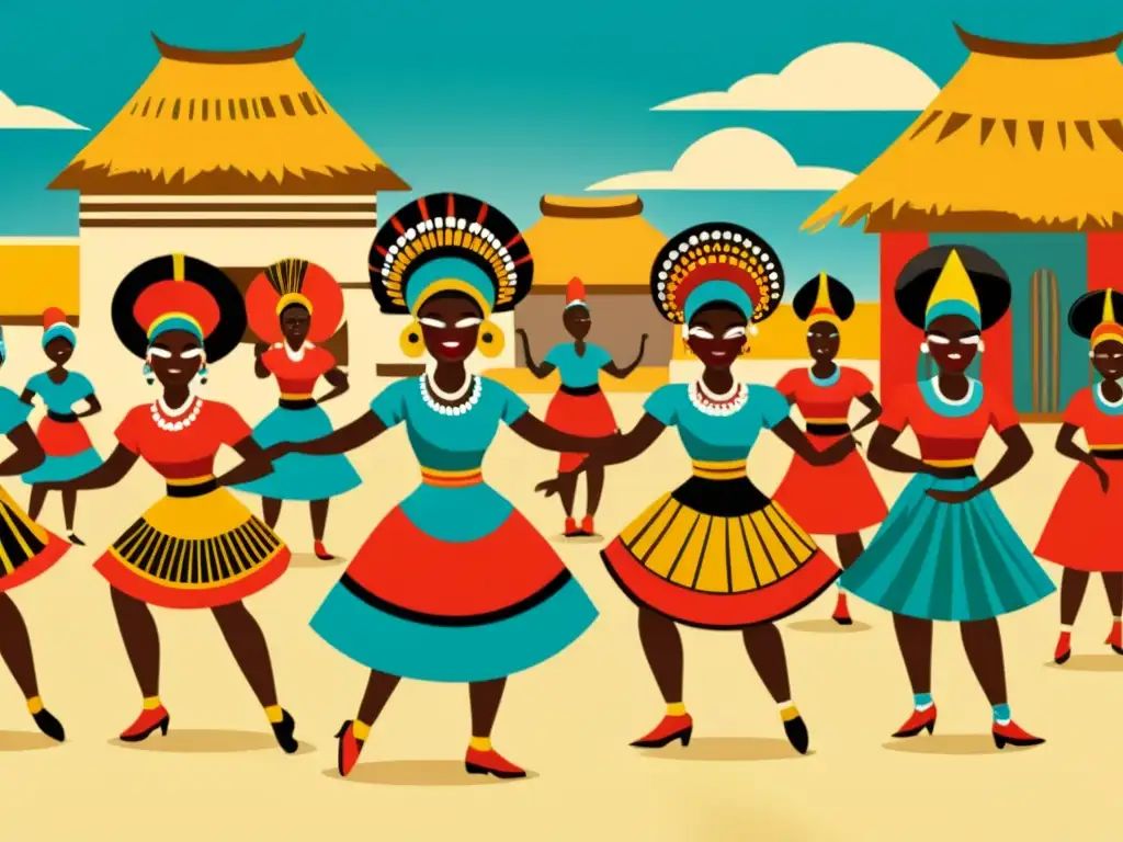 Una ilustración vintage de una tradicional danza Bantú, con coloridos trajes, vibrante música y movimientos dinámicos