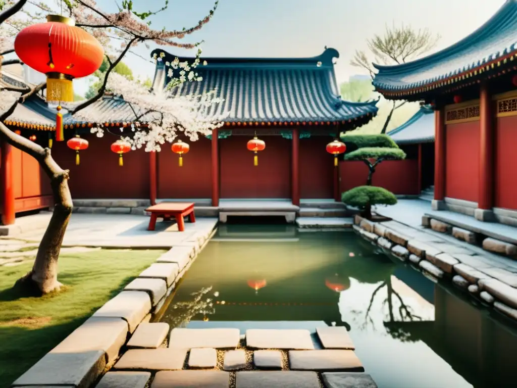 Tranquilo patio chino en Beijing con arquitectura tradicional, faroles rojos y un jardín sereno con cerezos en flor y estanque de carpas koi