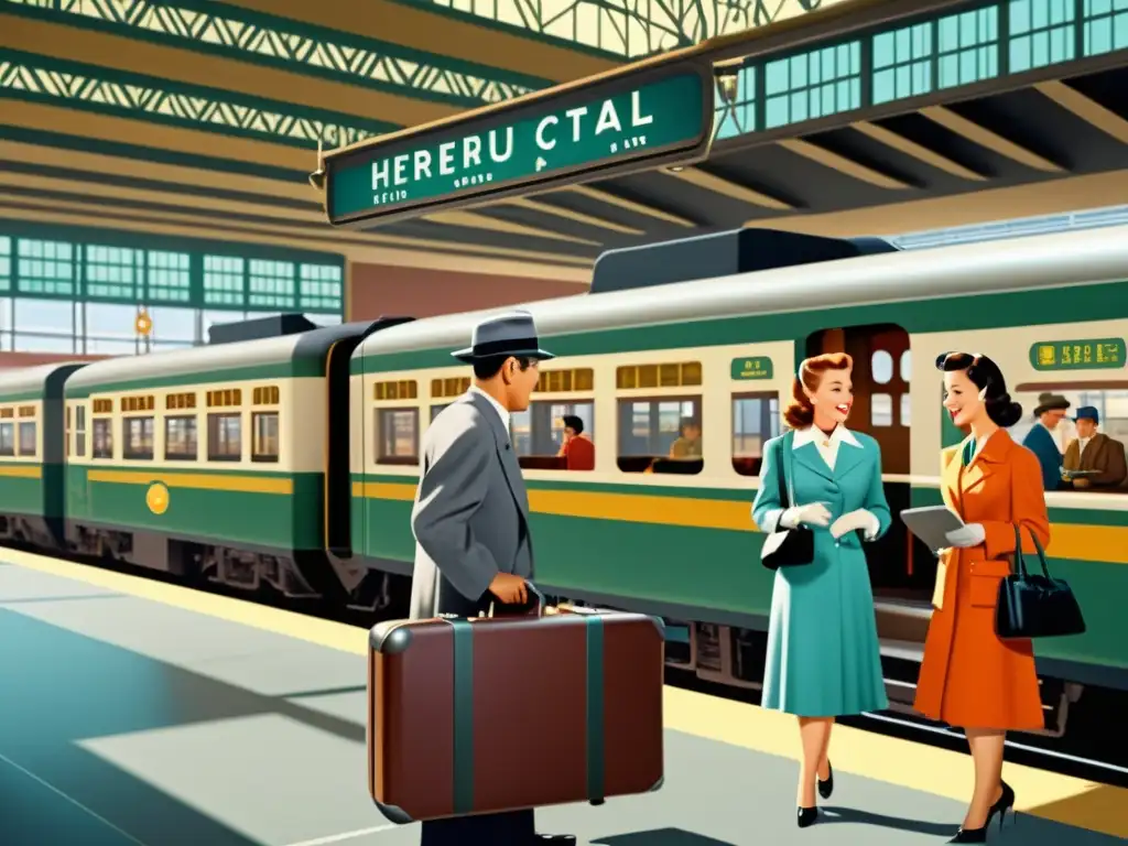 Estación de tren bulliciosa en los años 50, con viajeros de diferentes culturas conversando animadamente, y un dispositivo de traducción vintage facilitando la comunicación