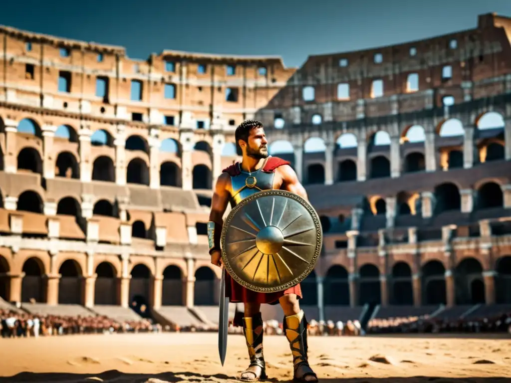 Un valiente gladiador romano sostiene su escudo y espada en el antiguo Coliseo, con rasgos fonéticos latinos lenguas romances