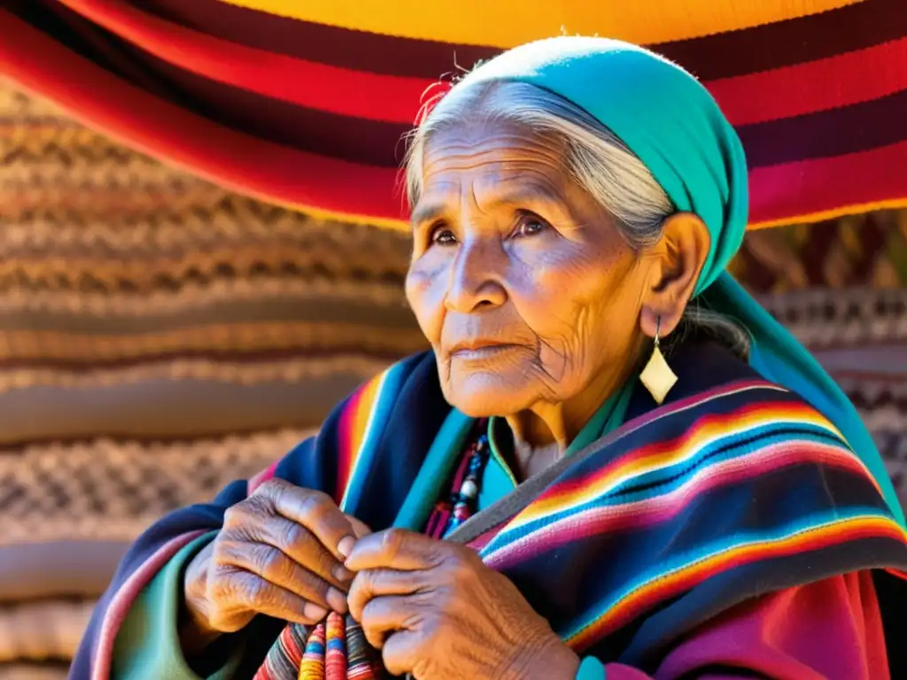 Venerable mujer quechua teje textiles en Cusco, con la majestuosa vista de los Andes al fondo