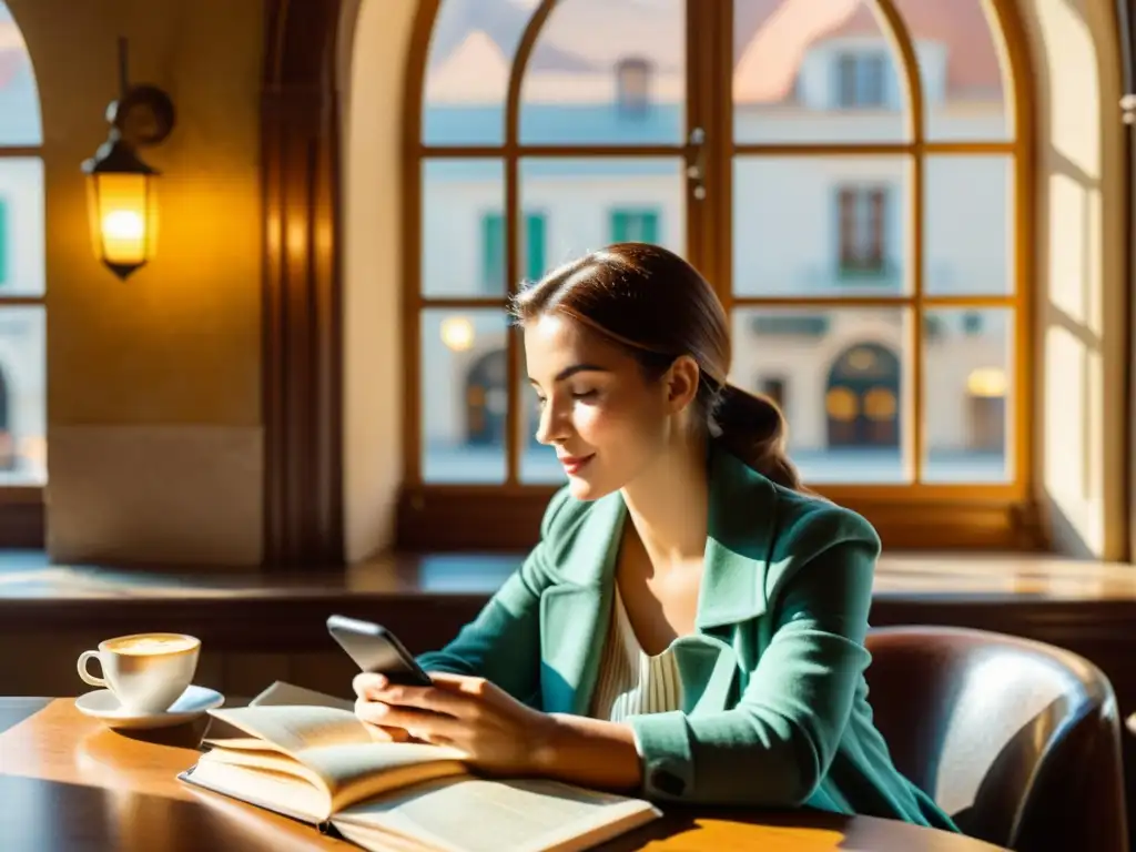 Un viajero disfrutando de café en un café europeo, usando una app para aprender idiomas