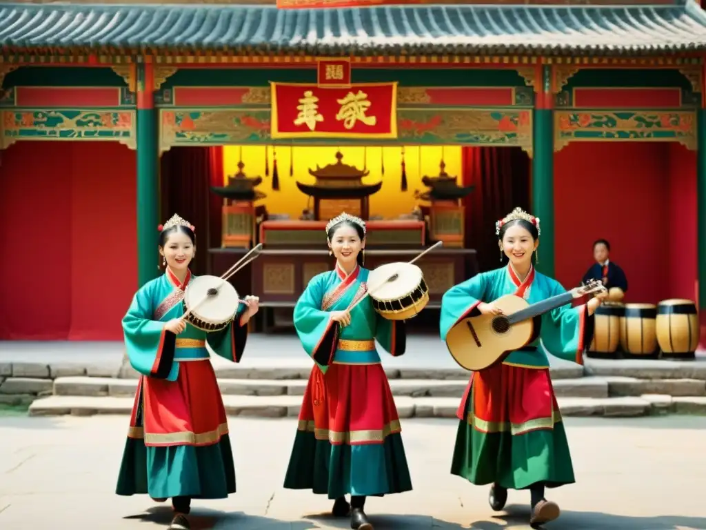 Una vibrante actuación musical Hakka con músicos, instrumentos tradicionales y trajes coloridos, mostrando la influencia del Hakka en música