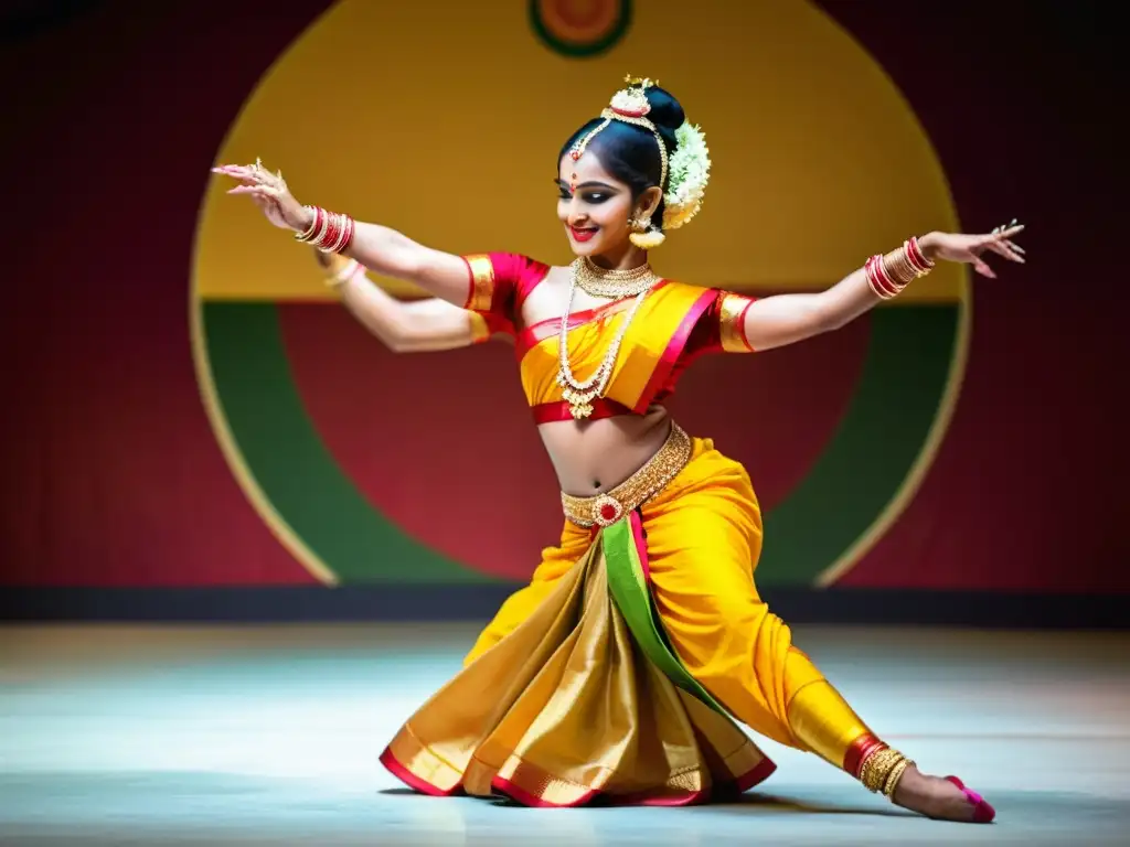 Vibrante baile Kuchipudi en Andhra Pradesh, con trajes tradicionales y maquillaje, capturando la esencia de la literatura telugu y las artes escénicas