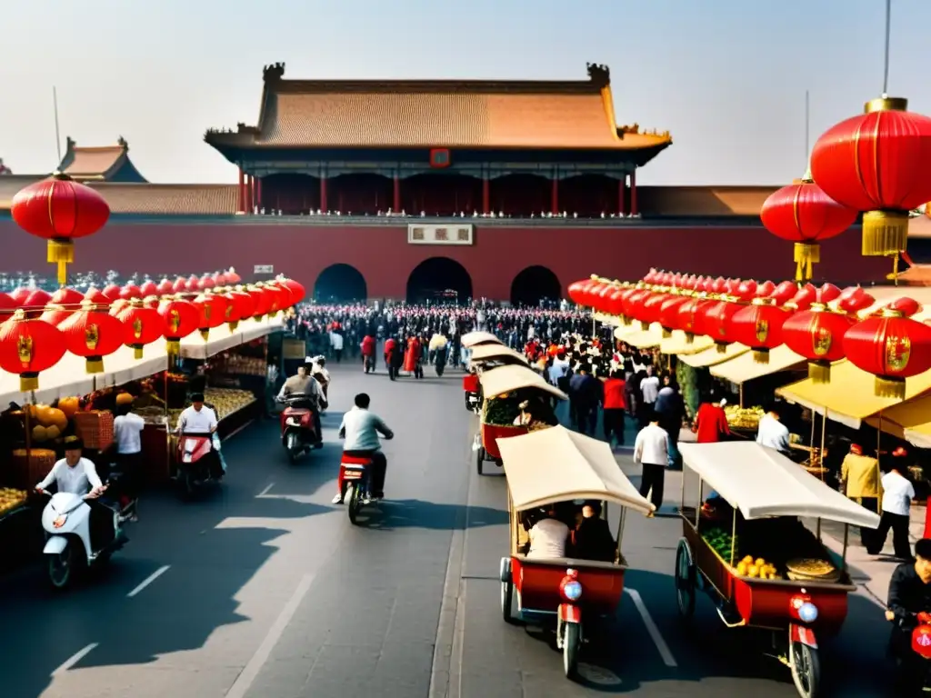 Vibrante calle de Beijing con arquitectura tradicional, gente y la icónica Ciudad Prohibida al fondo